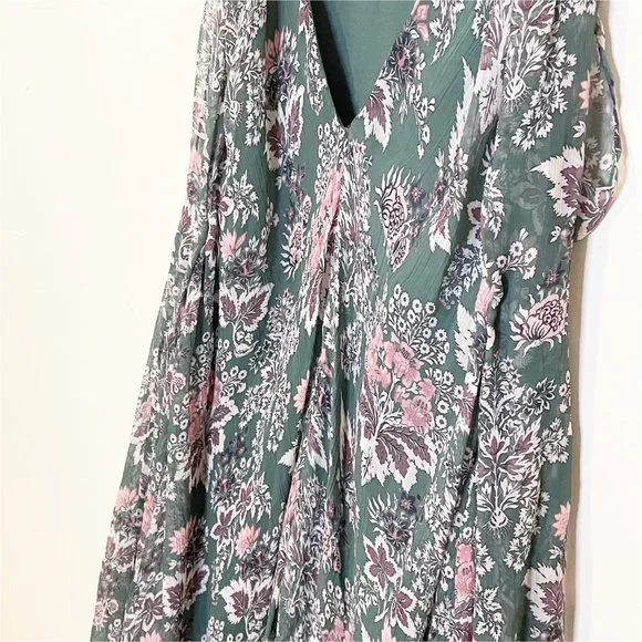 Anthropologie Let Me Be Green Pink Floral V Neck Ruffle Hem Swing Mini Dress S - Picture 4 of 12